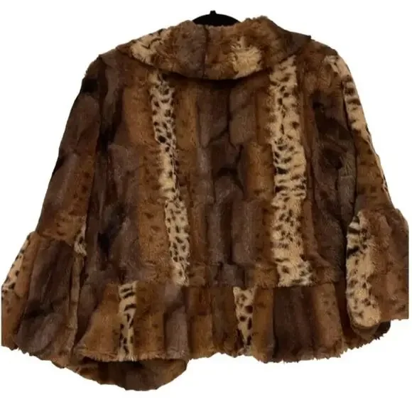 Y2K Pea Coat Sz M Faux Leopard Patchwork Animal Print Jacket Cropped Bell Ruffle - Picture 5 of 15